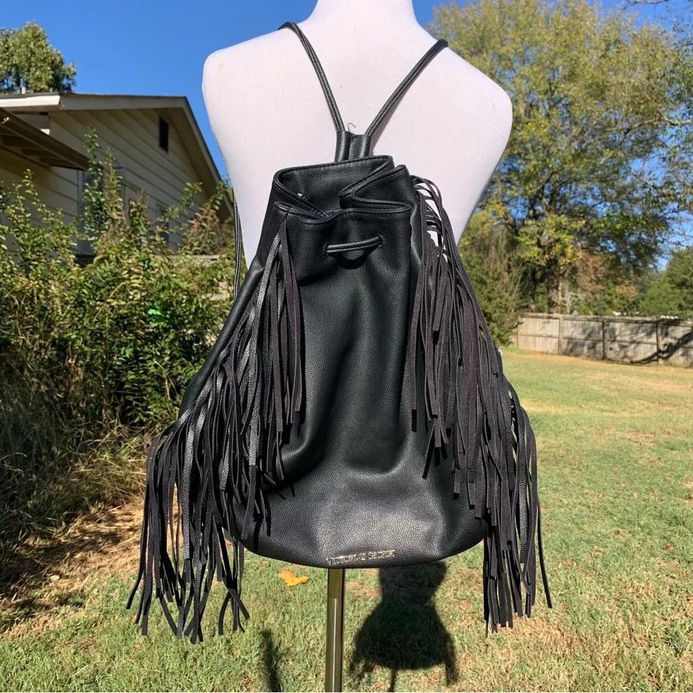 Victoria’s Secret Black Faux Leather Fringe Bucket Bag Backpack Purse - Picture 4 of 12
